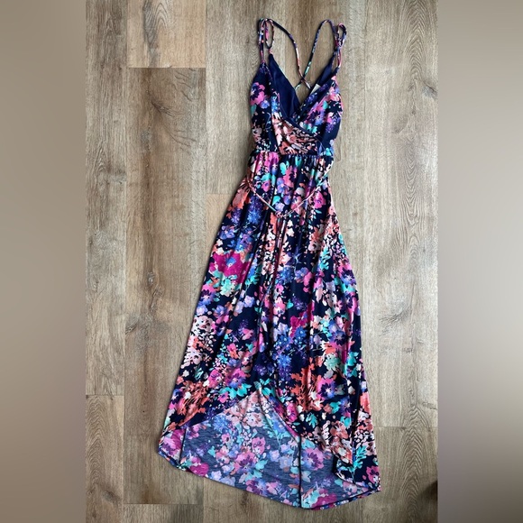 143 Story Navy Bright Floral Maxi Dress S Criss Cross Strappy Boho Summer - Picture 1 of 5
